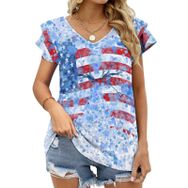 AILLOSA FLAG-10 V Yakalı Fırfırlı Baskılı Kadın T-shirt