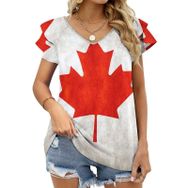 AILLOSA FLAG-100 V Yakalı Fırfırlı Baskılı Kadın T-shirt