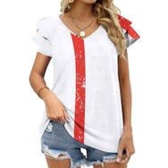 AILLOSA FLAG-101 V Yakalı Fırfırlı Baskılı Kadın T-shirt