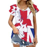 AILLOSA FLAG-102 V Yakalı Fırfırlı Baskılı Kadın T-shirt