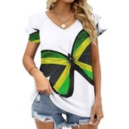 AILLOSA FLAG-103 V Yakalı Fırfırlı Baskılı Kadın T-shirt