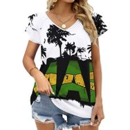 AILLOSA FLAG-104 V Yakalı Fırfırlı Baskılı Kadın T-shirt