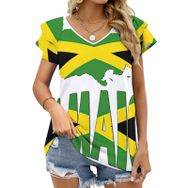AILLOSA FLAG-105 V Yakalı Fırfırlı Baskılı Kadın T-shirt