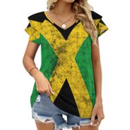 AILLOSA FLAG-106 V Yakalı Fırfırlı Baskılı Kadın T-shirt