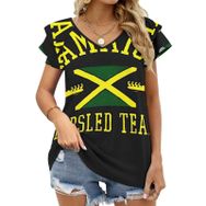 AILLOSA FLAG-107 V Yakalı Fırfırlı Baskılı Kadın T-shirt