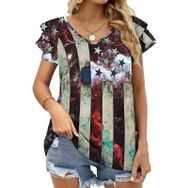 AILLOSA FLAG-108 V Yakalı Fırfırlı Baskılı Kadın T-shirt