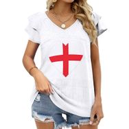 AILLOSA FLAG-109 V Yakalı Fırfırlı Baskılı Kadın T-shirt
