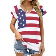 AILLOSA FLAG-11 V Yakalı Fırfırlı Baskılı Kadın T-shirt