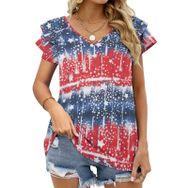 AILLOSA FLAG-111 V Yakalı Fırfırlı Baskılı Kadın T-shirt