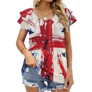 AILLOSA FLAG-112 V Yakalı Fırfırlı Baskılı Kadın T-shirt