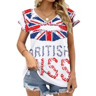 AILLOSA FLAG-113 V Yakalı Fırfırlı Baskılı Kadın T-shirt