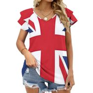 AILLOSA FLAG-114 V Yakalı Fırfırlı Baskılı Kadın T-shirt