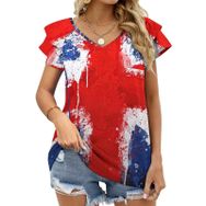 AILLOSA FLAG-115 V Yakalı Fırfırlı Baskılı Kadın T-shirt