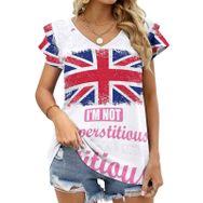 AILLOSA FLAG-116 V Yakalı Fırfırlı Baskılı Kadın T-shirt