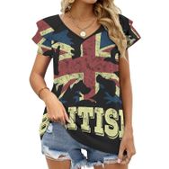 AILLOSA FLAG-117 V Yakalı Fırfırlı Baskılı Kadın T-shirt