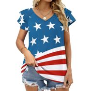 AILLOSA FLAG-118 V Yakalı Fırfırlı Baskılı Kadın T-shirt
