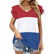AILLOSA FLAG-12 V Yakalı Fırfırlı Baskılı Kadın T-shirt