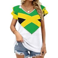 AILLOSA FLAG-120 V Yakalı Fırfırlı Baskılı Kadın T-shirt
