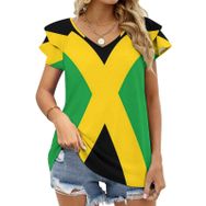 AILLOSA FLAG-121 V Yakalı Fırfırlı Baskılı Kadın T-shirt