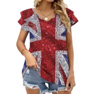 AILLOSA FLAG-122 V Yakalı Fırfırlı Baskılı Kadın T-shirt