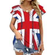 AILLOSA FLAG-123 V Yakalı Fırfırlı Baskılı Kadın T-shirt