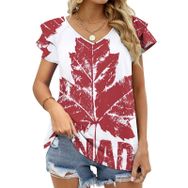 AILLOSA FLAG-124 V Yakalı Fırfırlı Baskılı Kadın T-shirt