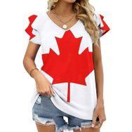 AILLOSA FLAG-125 V Yakalı Fırfırlı Baskılı Kadın T-shirt