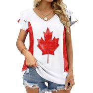 AILLOSA FLAG-126 V Yakalı Fırfırlı Baskılı Kadın T-shirt
