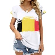 AILLOSA FLAG-127 V Yakalı Fırfırlı Baskılı Kadın T-shirt