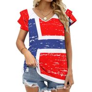 AILLOSA FLAG-129 V Yakalı Fırfırlı Baskılı Kadın T-shirt