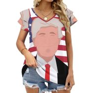 AILLOSA FLAG-13 V Yakalı Fırfırlı Baskılı Kadın T-shirt