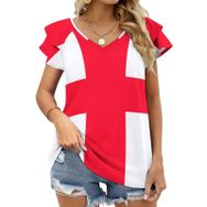 AILLOSA FLAG-131 V Yakalı Fırfırlı Baskılı Kadın T-shirt