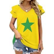 AILLOSA FLAG-132 V Yakalı Fırfırlı Baskılı Kadın T-shirt