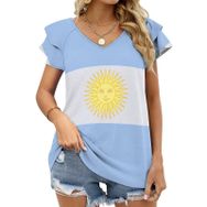 AILLOSA FLAG-134 V Yakalı Fırfırlı Baskılı Kadın T-shirt