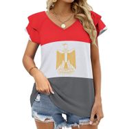 AILLOSA FLAG-135 V Yakalı Fırfırlı Baskılı Kadın T-shirt