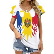AILLOSA FLAG-136 V Yakalı Fırfırlı Baskılı Kadın T-shirt