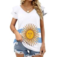 AILLOSA FLAG-137 V Yakalı Fırfırlı Baskılı Kadın T-shirt