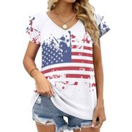 AILLOSA FLAG-14 V Yakalı Fırfırlı Baskılı Kadın T-shirt