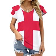 AILLOSA FLAG-140 V Yakalı Fırfırlı Baskılı Kadın T-shirt