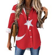 AILLOSA FLAG-141 Bol Kalıp V Yaka Sıra Dışı Desen Rahat Bluz Tarzı Kadın Gömlek