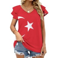 AILLOSA FLAG-141 V Yakalı Fırfırlı Baskılı Kadın T-shirt
