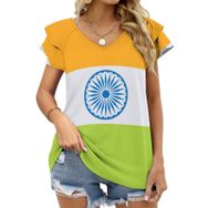 AILLOSA FLAG-142 V Yakalı Fırfırlı Baskılı Kadın T-shirt