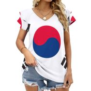 AILLOSA FLAG-143 V Yakalı Fırfırlı Baskılı Kadın T-shirt
