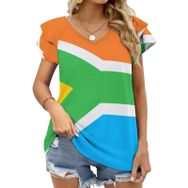 AILLOSA FLAG-144 V Yakalı Fırfırlı Baskılı Kadın T-shirt