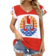 AILLOSA FLAG-145 V Yakalı Fırfırlı Baskılı Kadın T-shirt