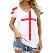 AILLOSA FLAG-146 V Yakalı Fırfırlı Baskılı Kadın T-shirt