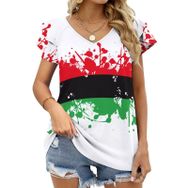 AILLOSA FLAG-147 V Yakalı Fırfırlı Baskılı Kadın T-shirt