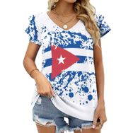 AILLOSA FLAG-148 V Yakalı Fırfırlı Baskılı Kadın T-shirt