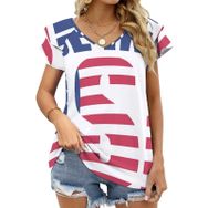 AILLOSA FLAG-15 V Yakalı Fırfırlı Baskılı Kadın T-shirt