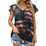 AILLOSA FLAG-150 V Yakalı Fırfırlı Baskılı Kısa Kollu Kadın T-shirt